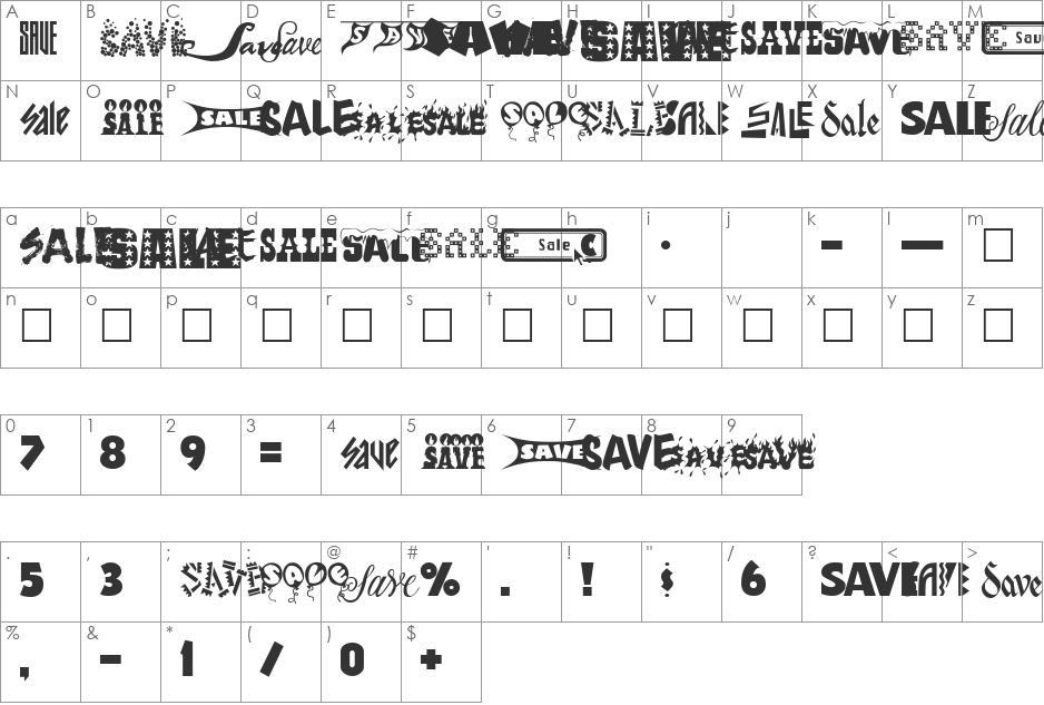 SavesAndSales font character map preview