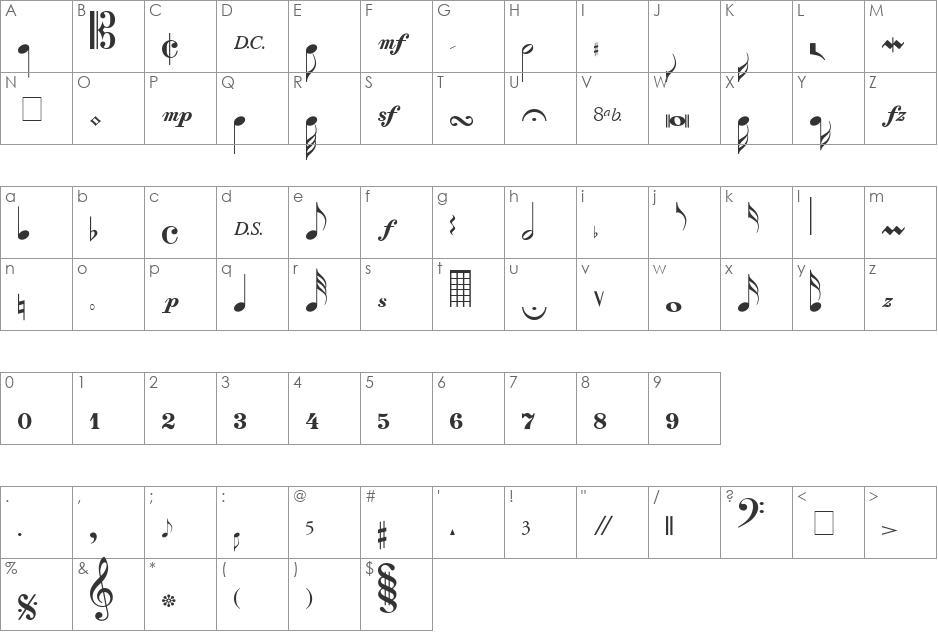 Sax n' Violins Light SSi font character map preview