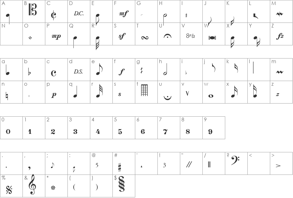 Sax n' Violins SSi font character map preview