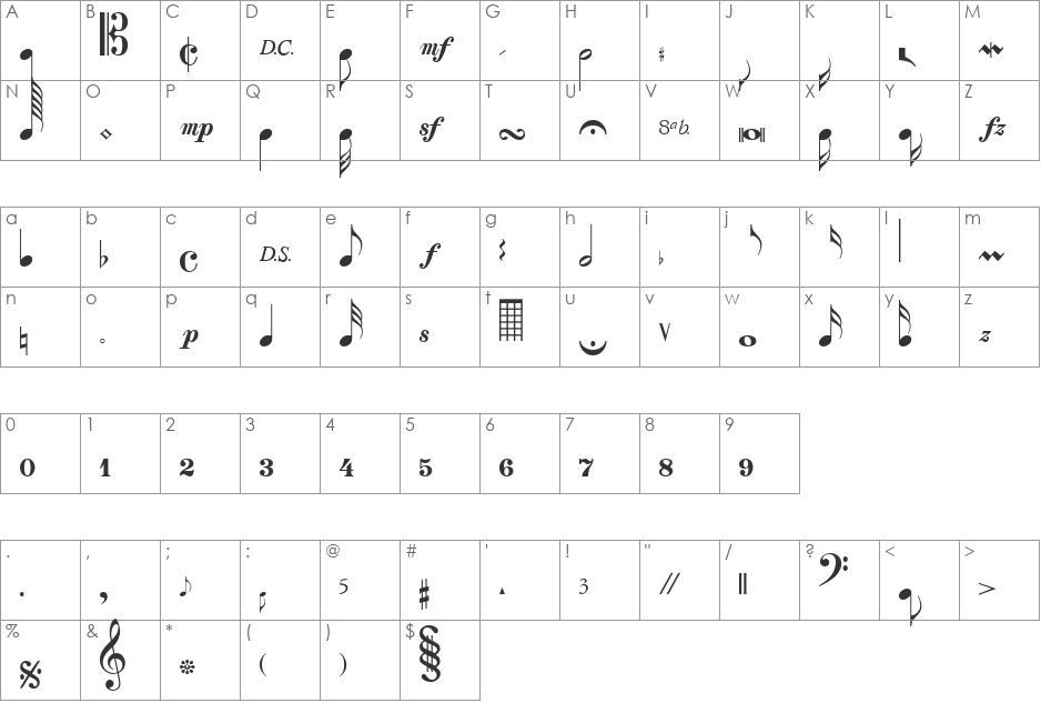 SaxNViolinsLightSSiLight font character map preview