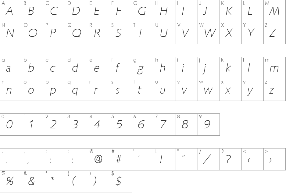 Saxony-XlightIta font character map preview