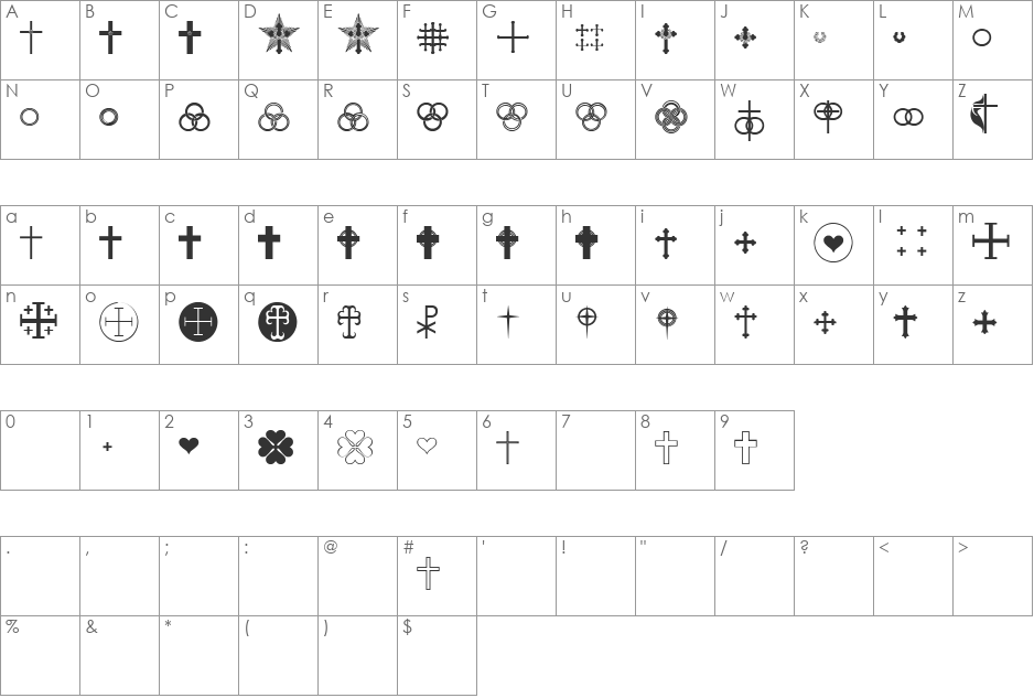 sB Cross font character map preview