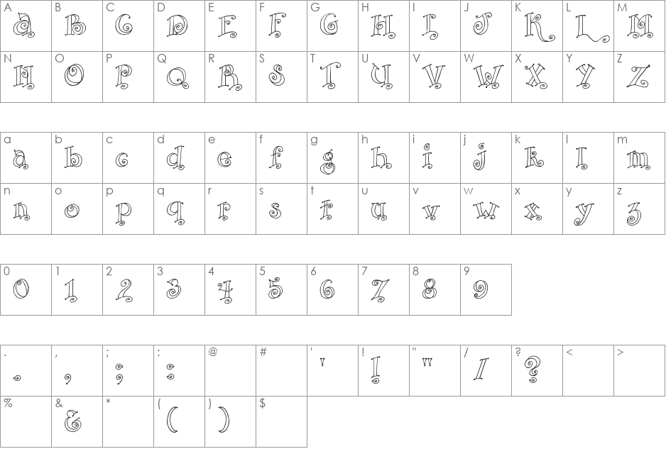 SBC Curly Outline font character map preview
