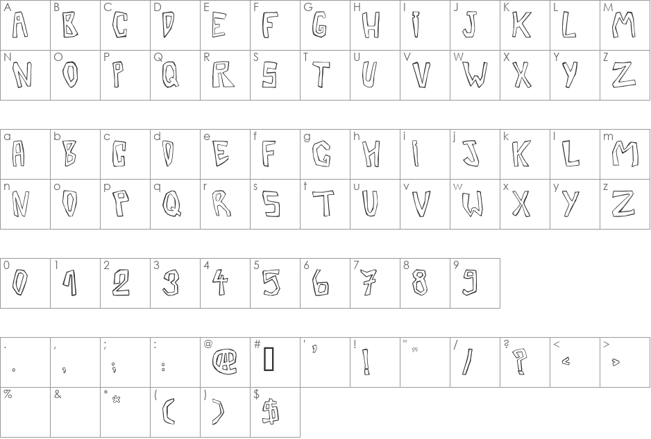 Barbera Twisted Outline font character map preview