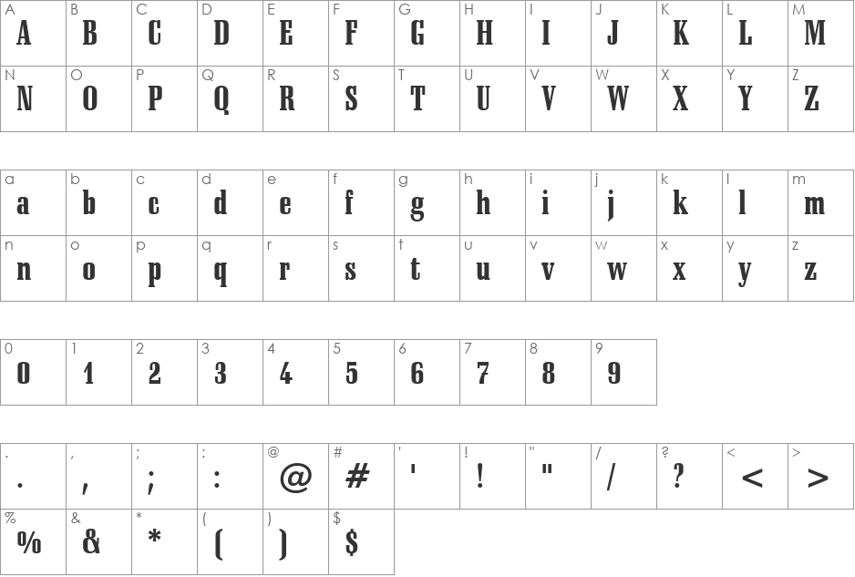 Schadow BlkCn BT font character map preview