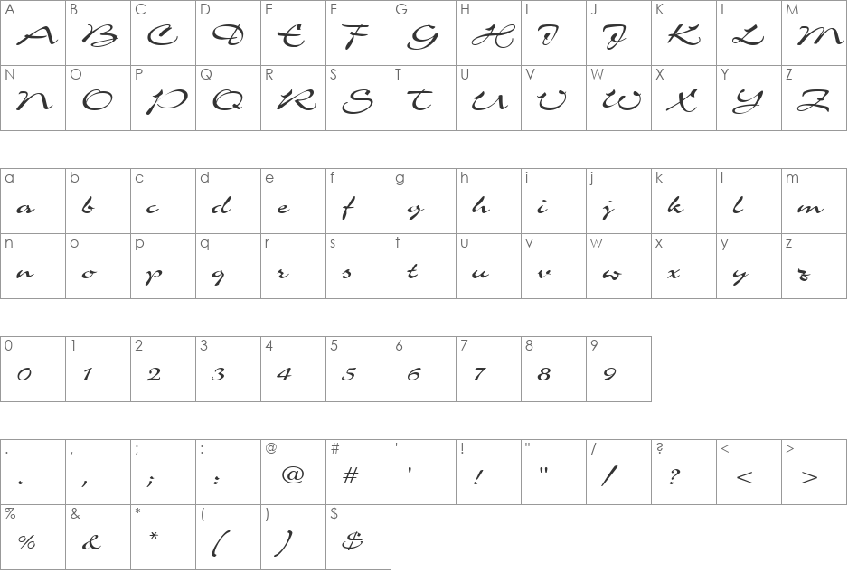 Scheherezade font character map preview