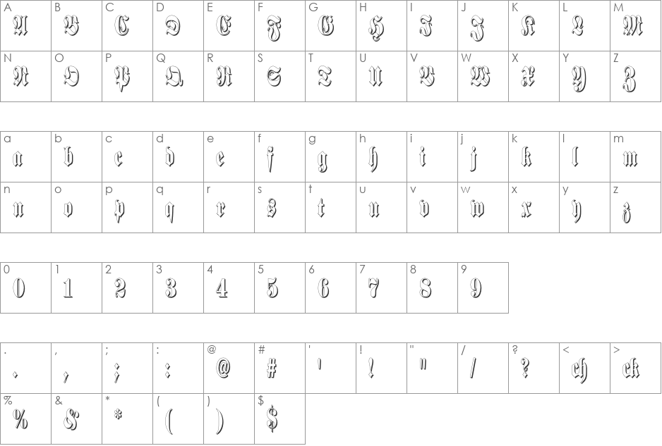 Schmalfette Fraktur Schattiert font character map preview