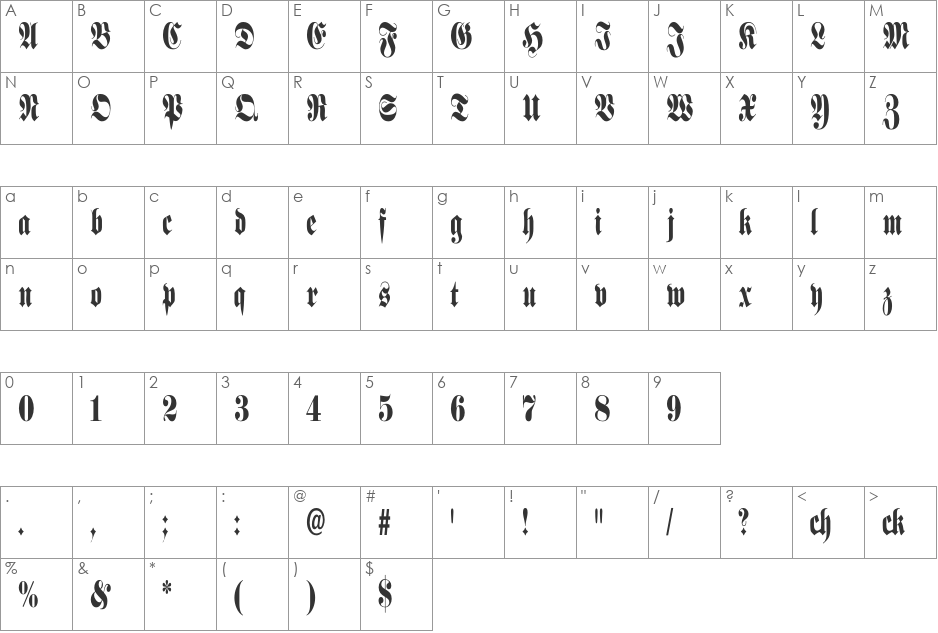 Schmalfette Fraktur Schattiert font character map preview