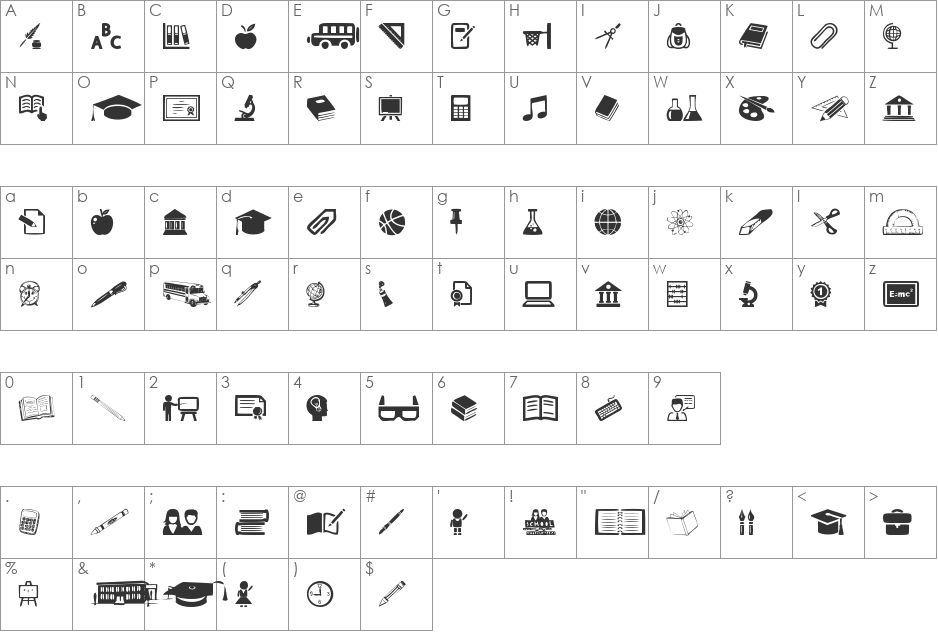 School font character map preview