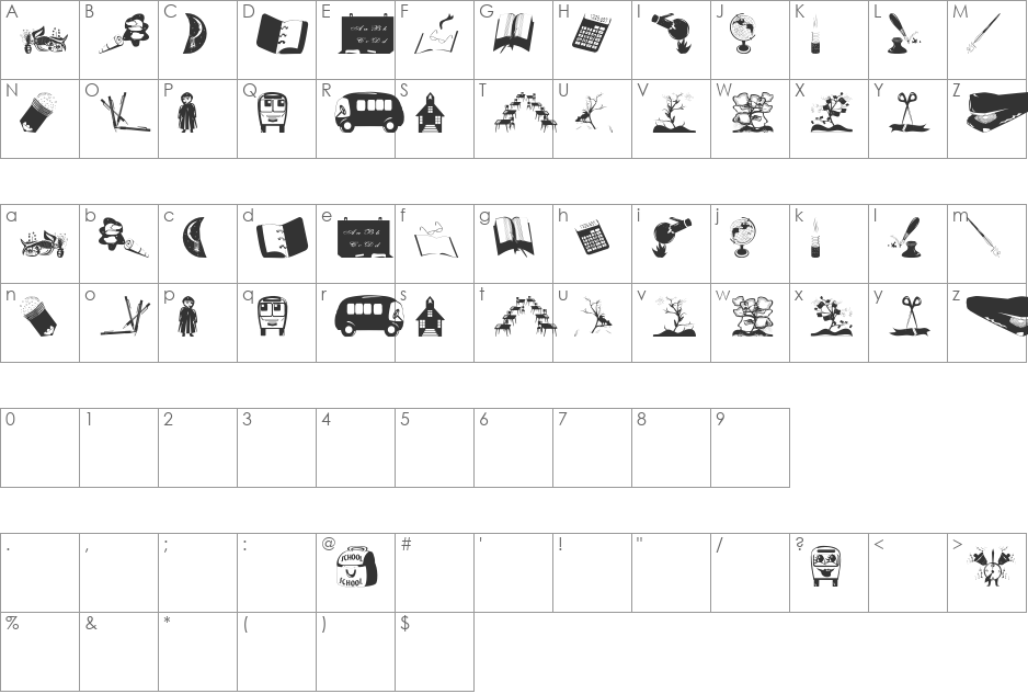 Schoolish font character map preview