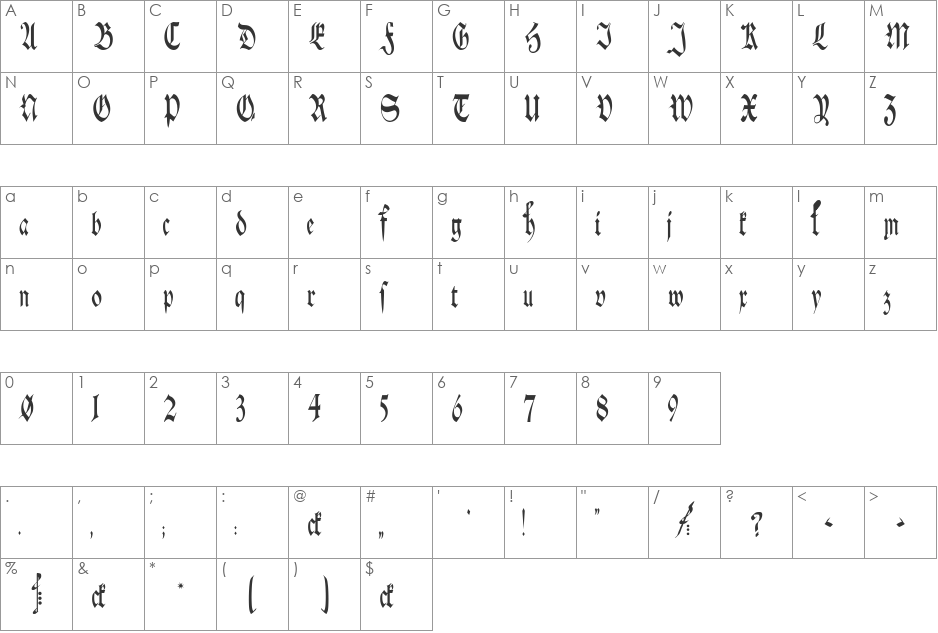 Schwaben Alt Thin font character map preview