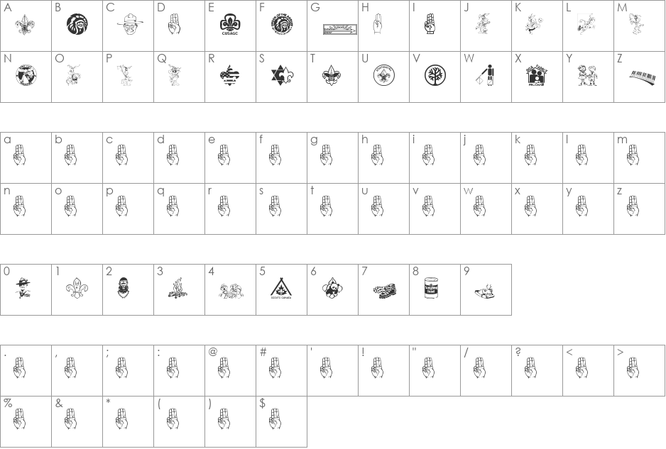 SCOUT015 font character map preview