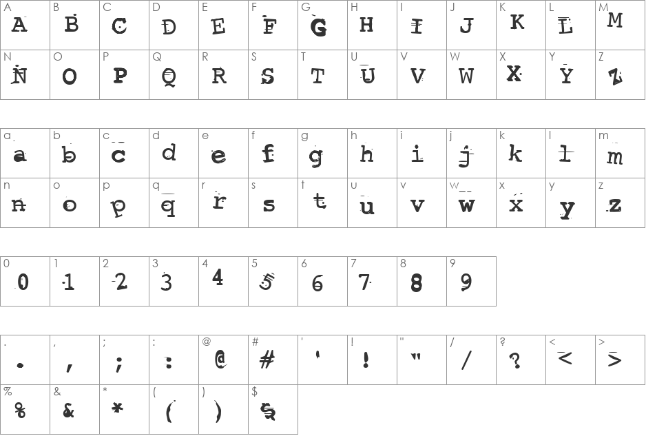 Screwed Up Typewriter font character map preview
