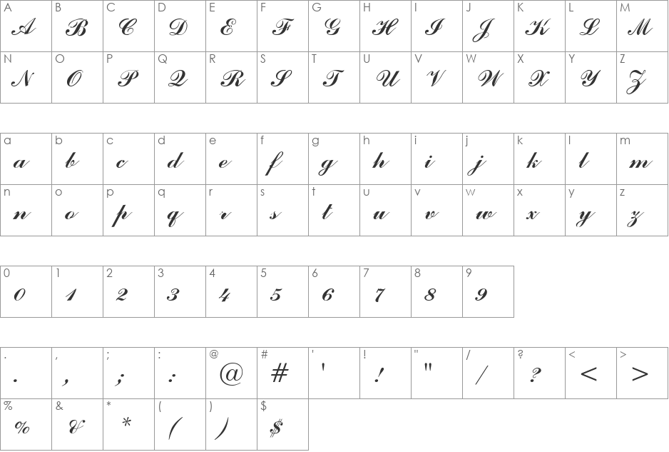 Script 92 font character map preview