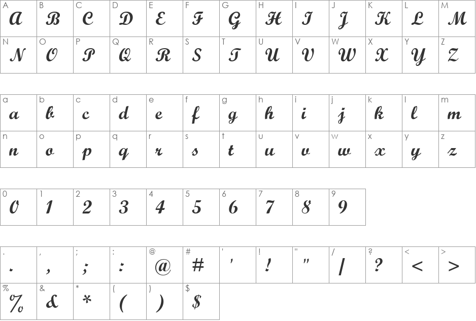 Script MT Bold font character map preview