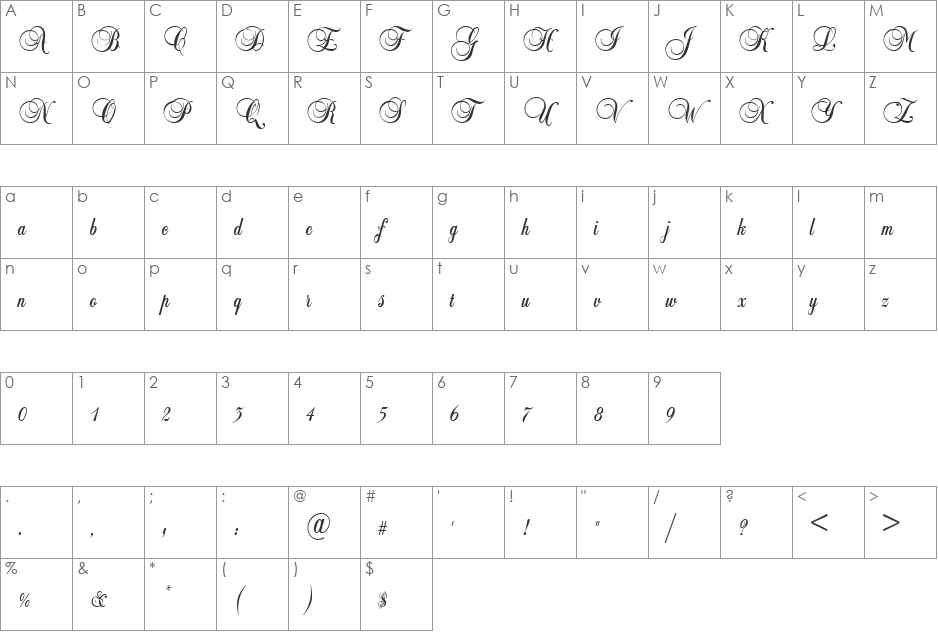Script-B650 font character map preview