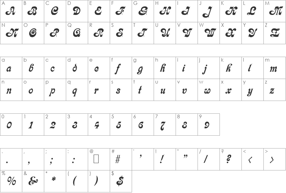 Script-C650 font character map preview
