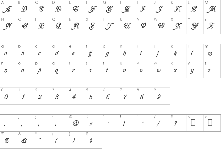 Script-G760 font character map preview