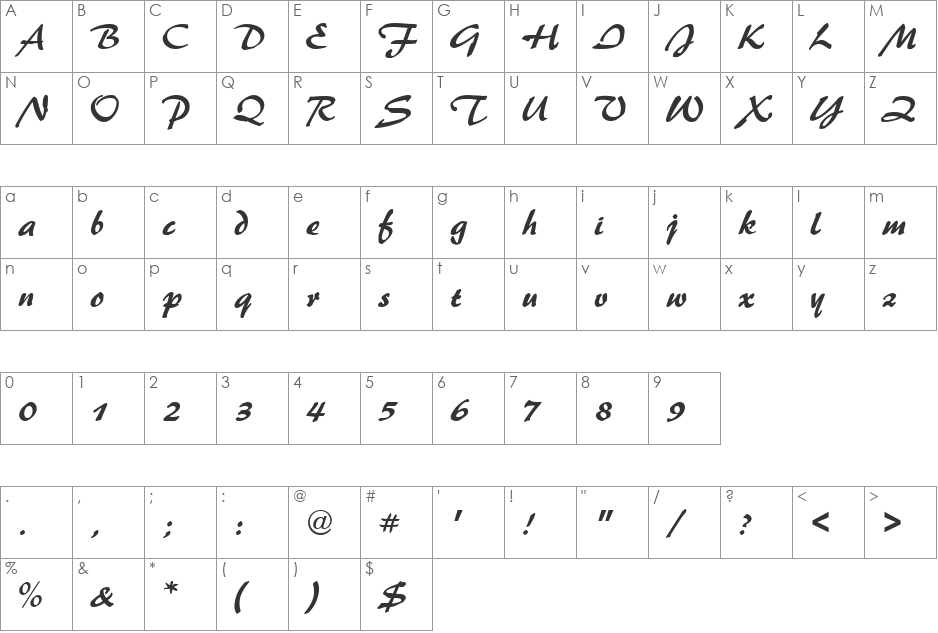 Script-P650 font character map preview