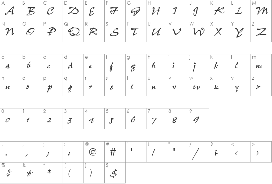 Script-P690 font character map preview