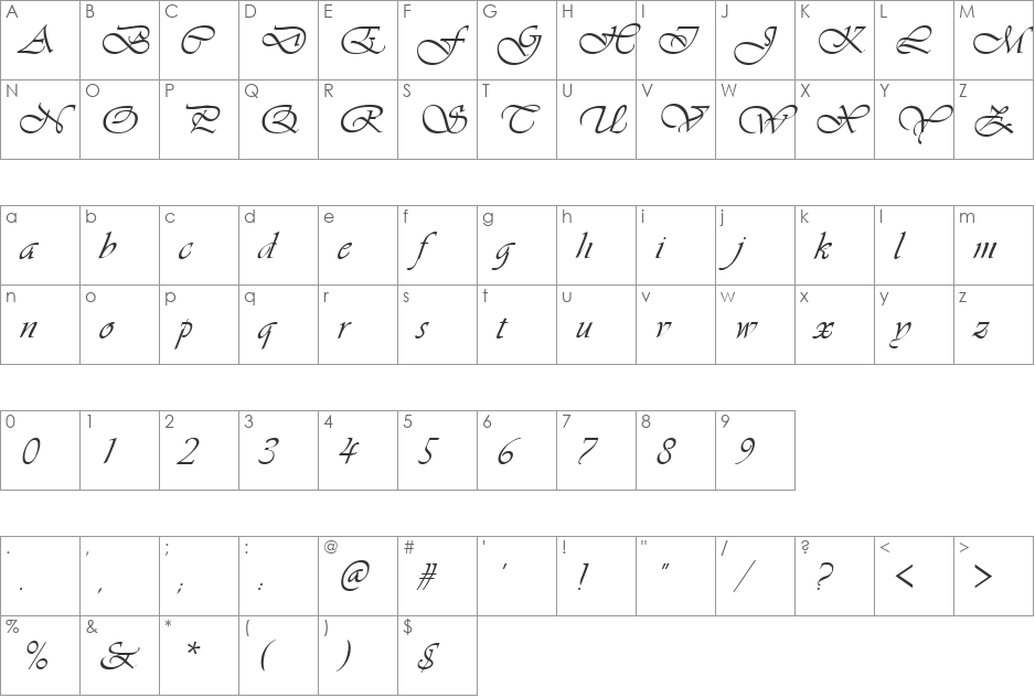Script-V730 font character map preview