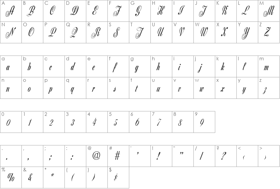 Script-Z650 font character map preview