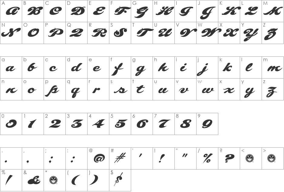 SCRIPT1 Bulletin Stub font character map preview