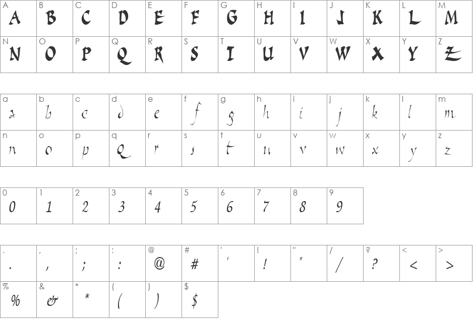 ScriptSongBold15 font character map preview