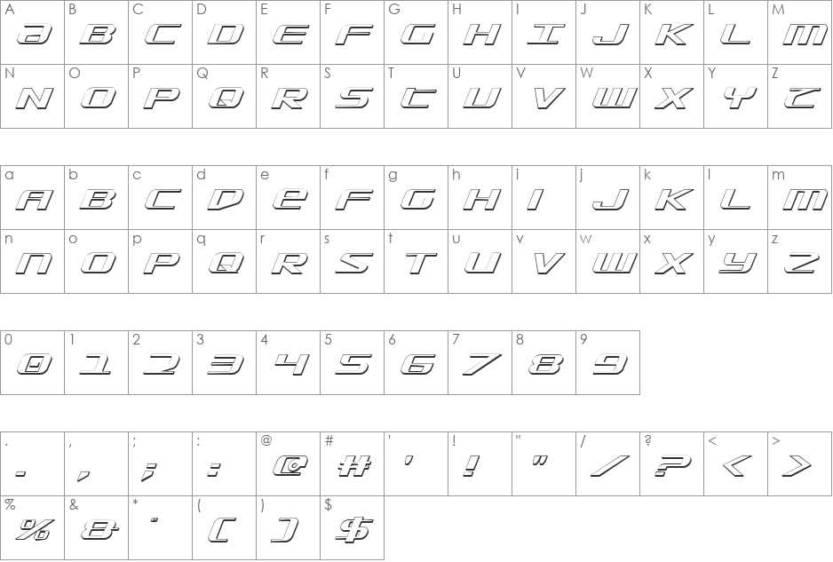 SDF 3D Italic font character map preview