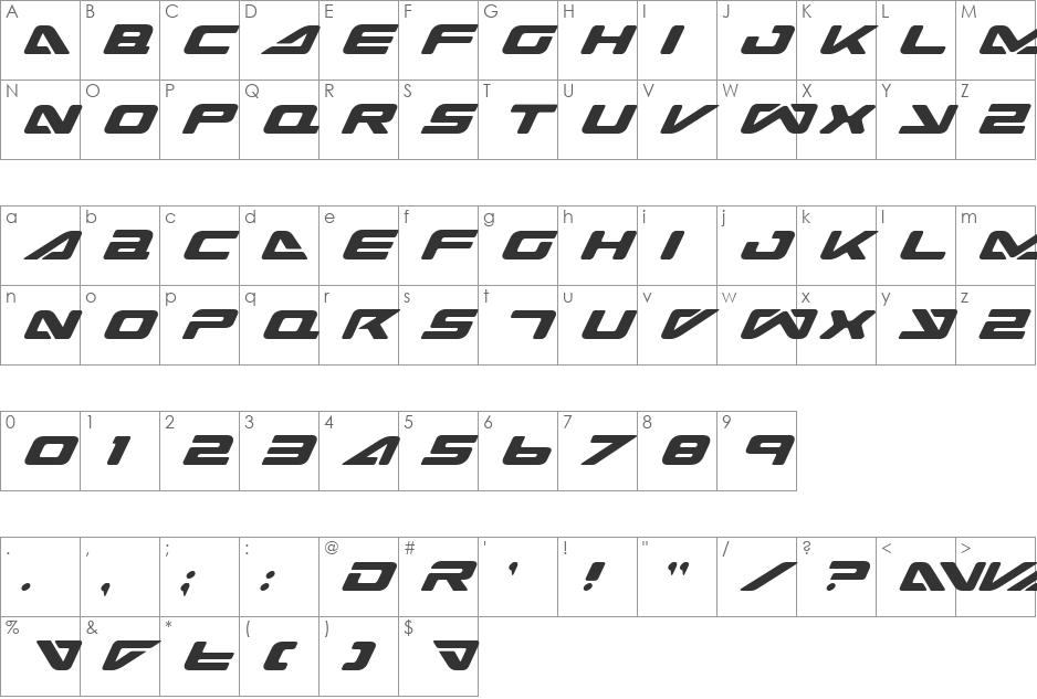 Sea Dog 2001 Italic font character map preview