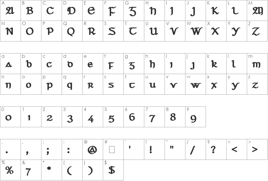 Seanchl font character map preview