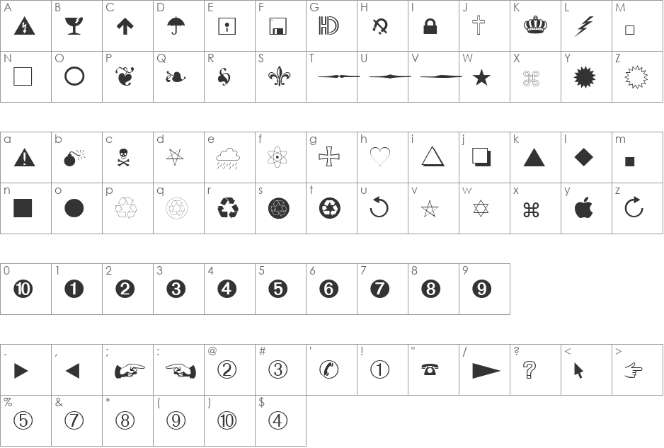 SeanSymbols font character map preview