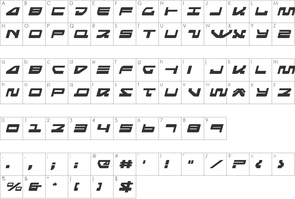 Searider Falcon Expanded Italic font character map preview