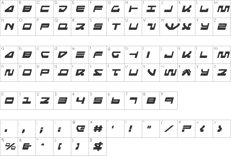Searider Falcon Italic font character map preview