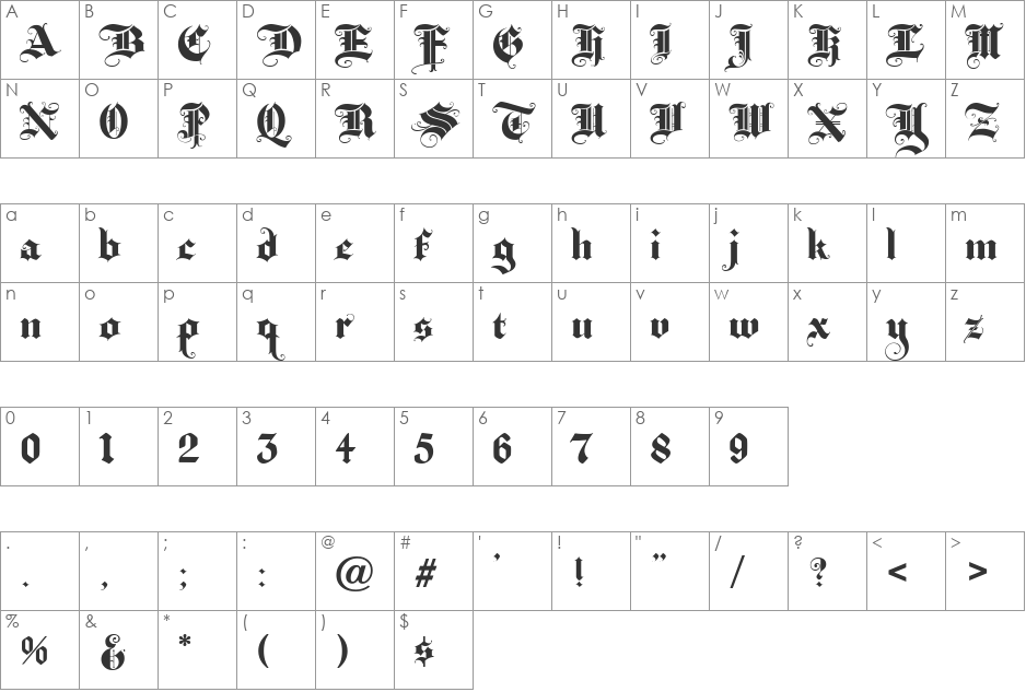 BaroqueTextJF font character map preview