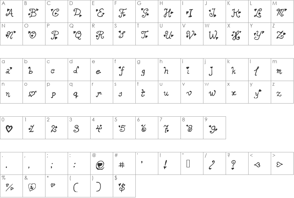 SecretLoveLetters font character map preview