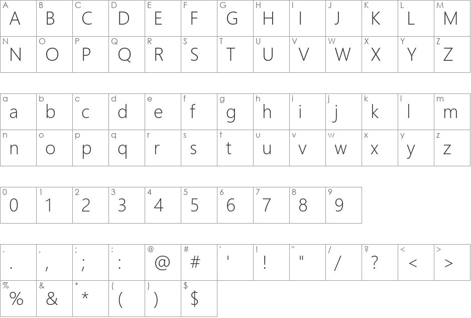 Segoe UI Light font character map preview