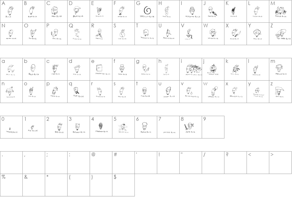 A Blick for All Seasons font character map preview