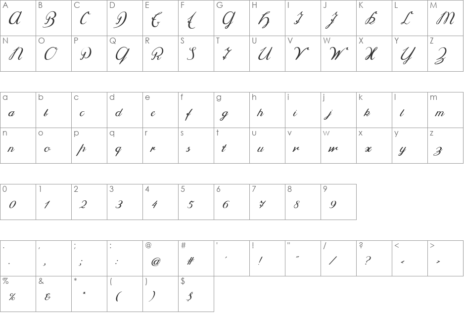 Selya font character map preview