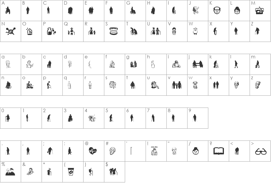 Senior Citizen font character map preview