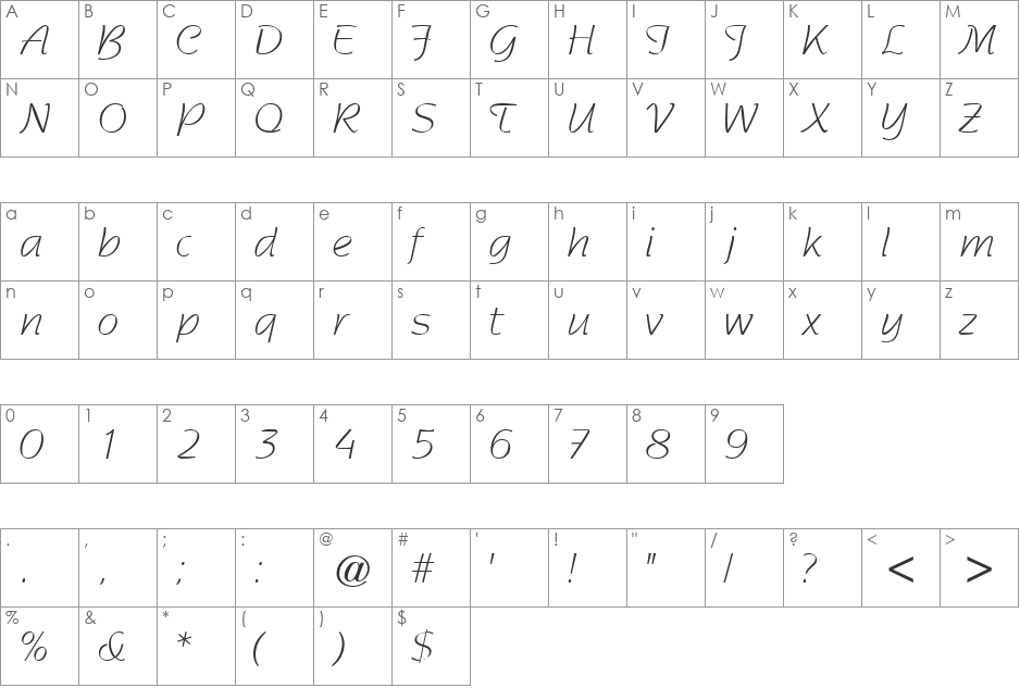 SentimentalScriptLightSSK font character map preview