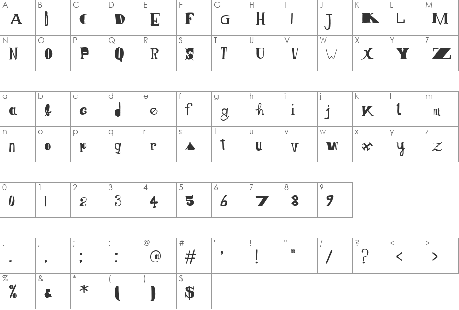 Senza cuore font character map preview