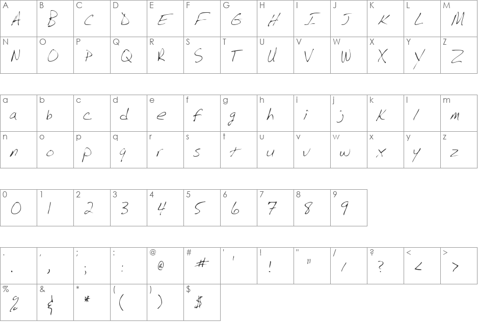 BarrysHand font character map preview