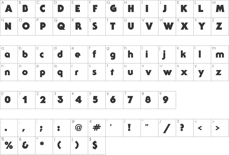Serif Gothic Black font character map preview