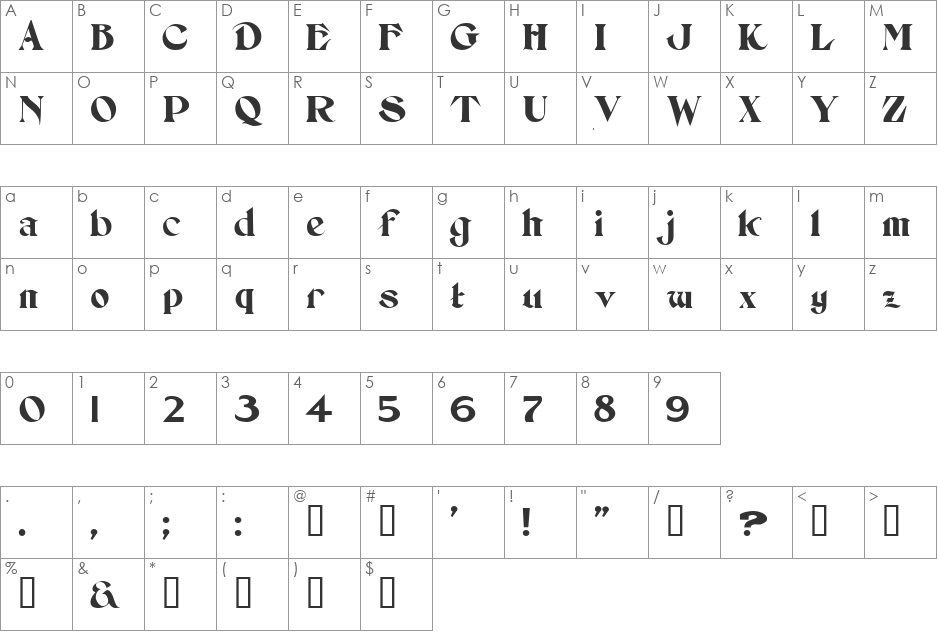 Setebos font character map preview