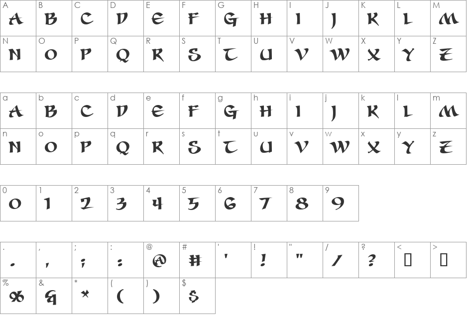 Seven Swordsmen BB font character map preview