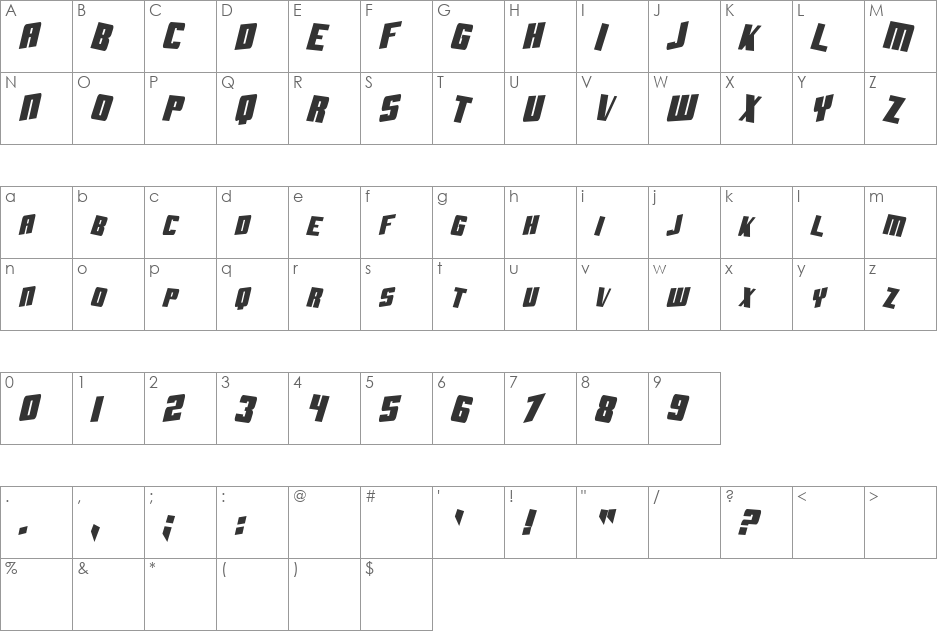 SF Aftershock Debris font character map preview