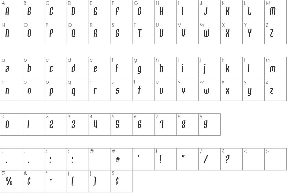 SF Archery Black Condensed font character map preview