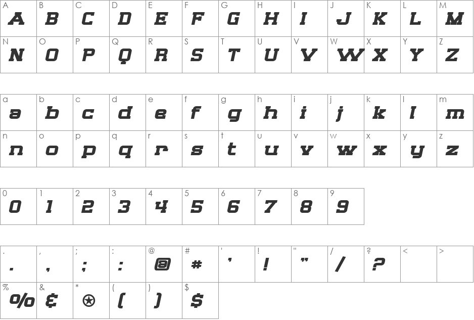 SF Big Whiskey Extended font character map preview