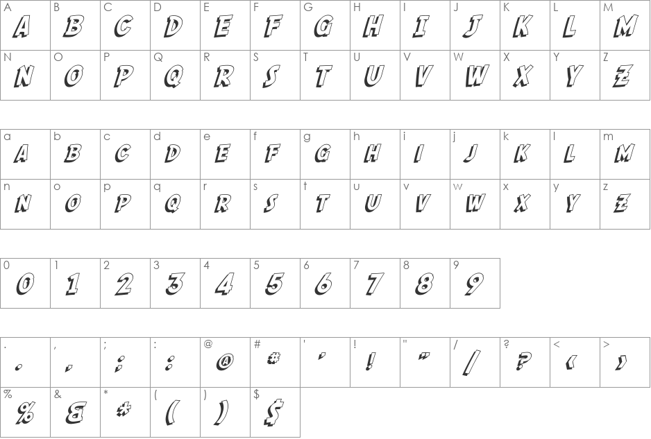 SF Comic Script Shaded font character map preview